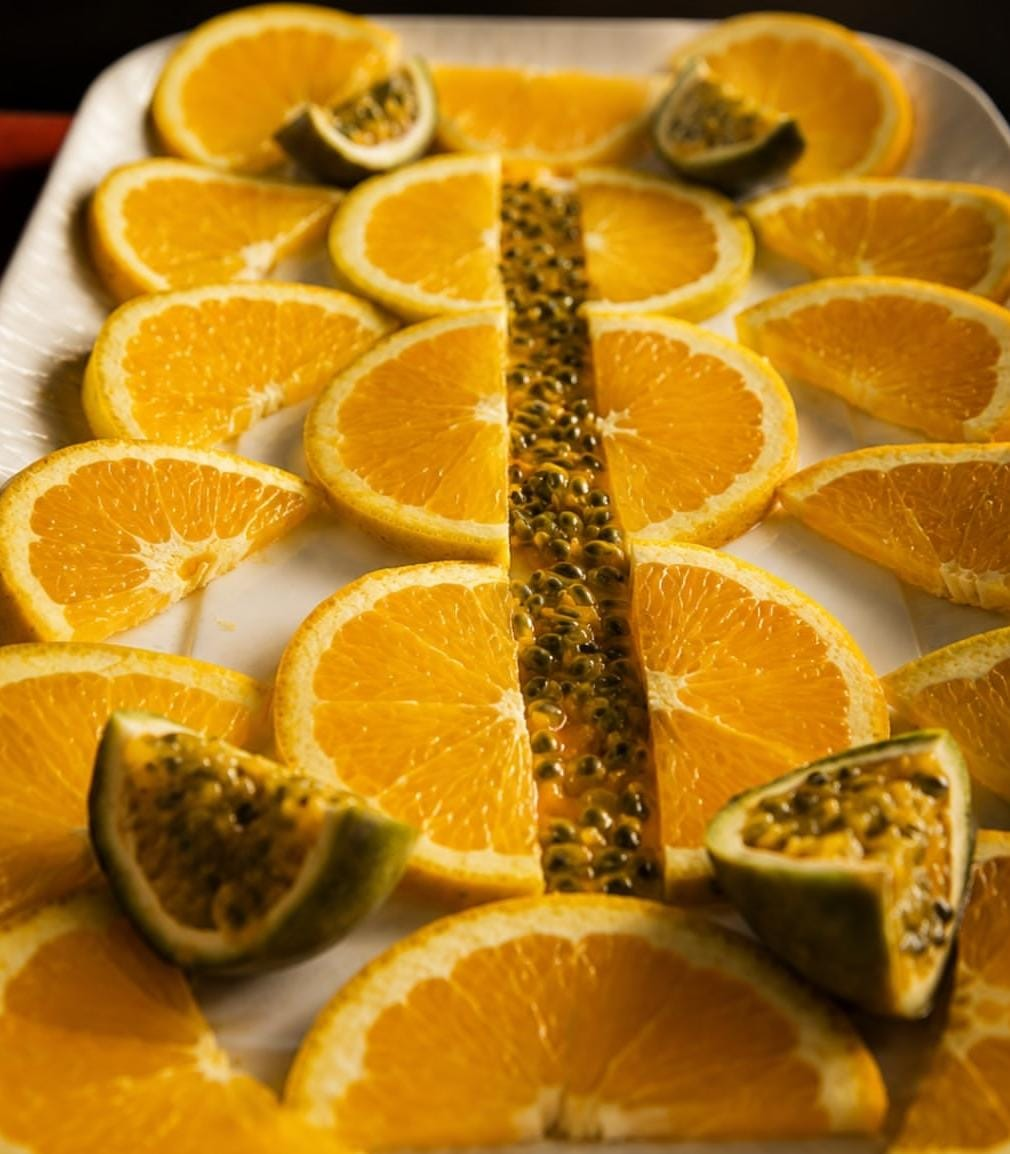 Fresh orange and passion fruit platter from the resort kitchen